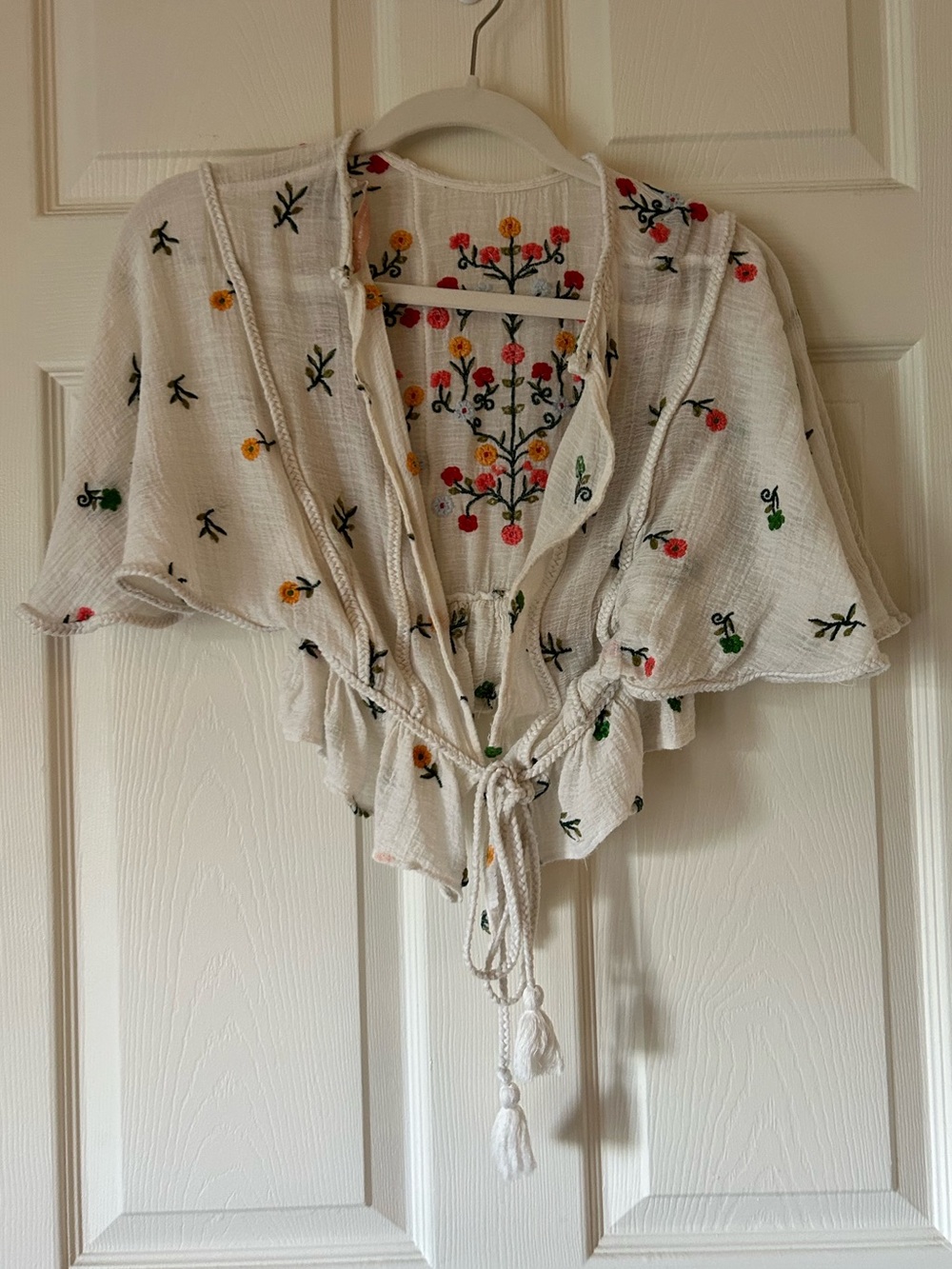 Zara Cream Embroidered Tie Front Cropped Cardigan Floral Kimono Blouse Size S - Picture 5 of 14